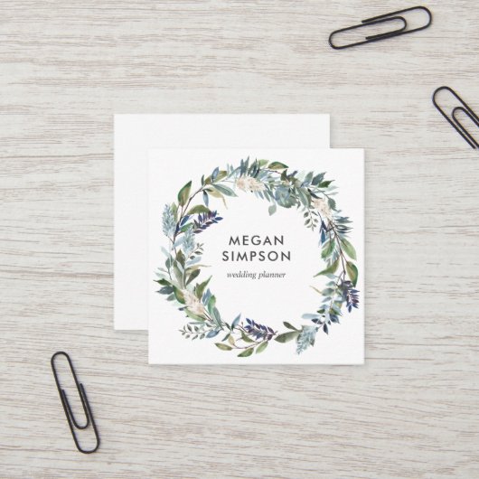 緑と青の水の色のフローラリース スクエア名刺 (正面/裏面インサイチュ)