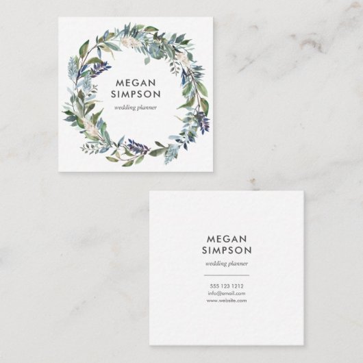 緑と青の水の色のフローラリース スクエア名刺 (正面/裏面)