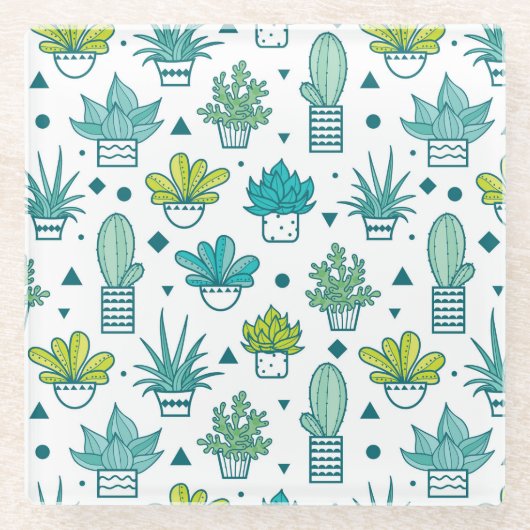 緑と青の水彩の多汁のパターン ガラスコースター (正面)