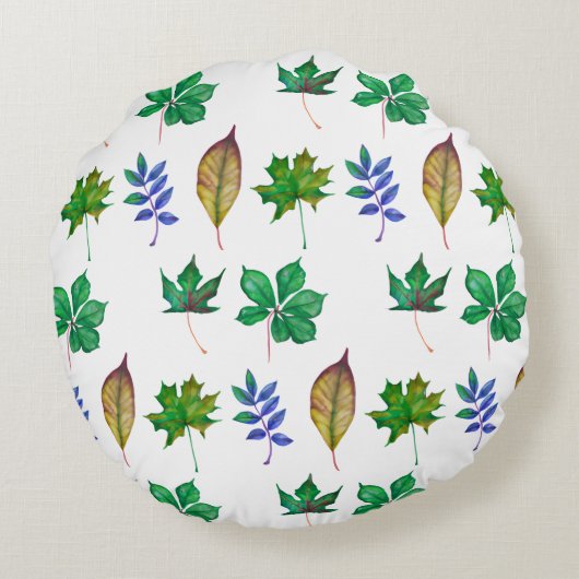 緑と青の水色の葉 ラウンドクッション (裏面)