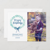 緑と青の水色リースクリスマスフォト シーズンポストカード (正面/裏面)