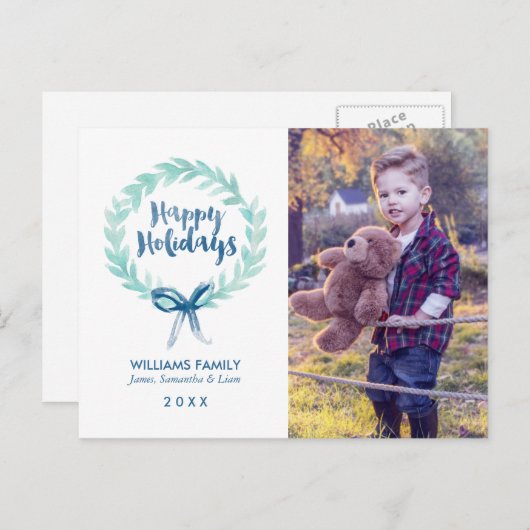緑と青の水色リースクリスマスフォト シーズンポストカード (正面/裏面)
