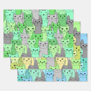 緑と青の猫デザイン包み紙セット ラッピングペーパーシート