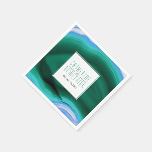 緑と青の瑪瑙のスライスとフレ結婚ーム スタンダードカクテルナプキン (角)
