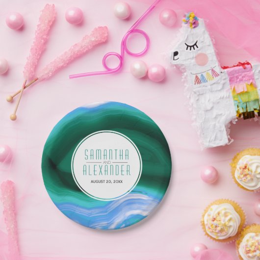 緑と青の瑪瑙のスライスとフレ結婚ーム ペーパープレート (パーティー)