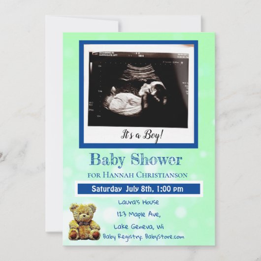 緑と青の男の赤ちゃん超音波ベビーシャワー 招待状 (正面)