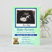 緑と青の男の赤ちゃん超音波ベビーシャワー 招待状 (スタンド正面)