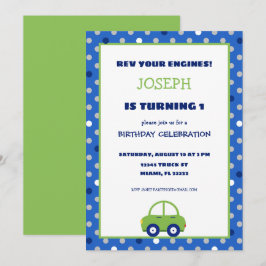 緑と青の自動車の子供の誕生日パーティー招待状 招待状