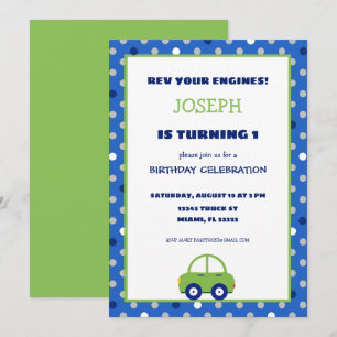 緑と青の自動車の子供の誕生日パーティー招待状 招待状