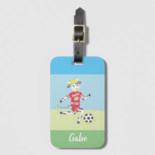 緑と青の色合い |漫画のサッカーウシ | kid ラゲッジタグ (正面縦)