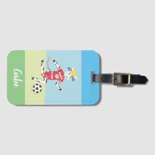 緑と青の色合い |漫画のサッカーウシ | kid ラゲッジタグ (正面横)