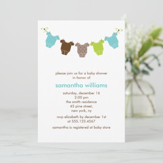 緑と青の赤ちゃん服の赤ちゃんシャワー 招待状 (スタンド正面)