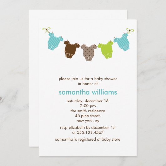 緑と青の赤ちゃん服の赤ちゃんシャワー 招待状 (正面/裏面)