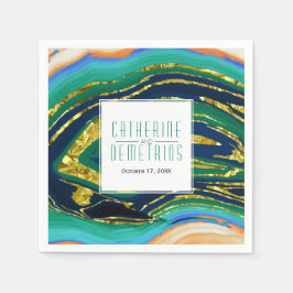 緑と青の金ゴールド箔の瑪瑙とフレーム結婚の数 スタンダードカクテルナプキン