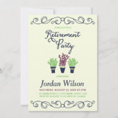 緑と青の鉢植え植物の退職パーティー 招待状 (正面)