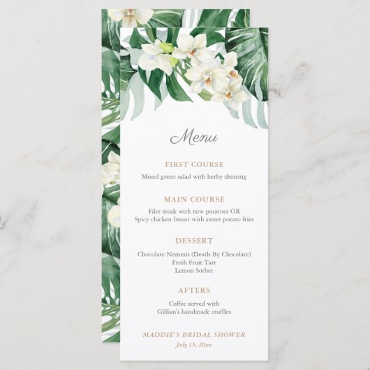 緑と青銅の熱帯紅葉ウェディングシャワー メニュー (正面/裏面)