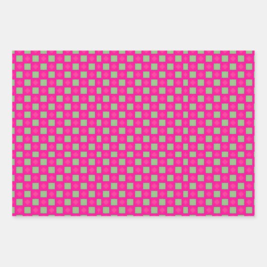 緑と鮮やかピンクの変化した幾何学的パターン ラッピングペーパーシート (正面3)