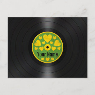 緑と黄のハートパーソナライズされたビニールレコード ポストカード