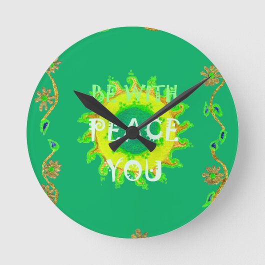 緑と黄感動的色の平和 ラウンド壁時計 (正面)