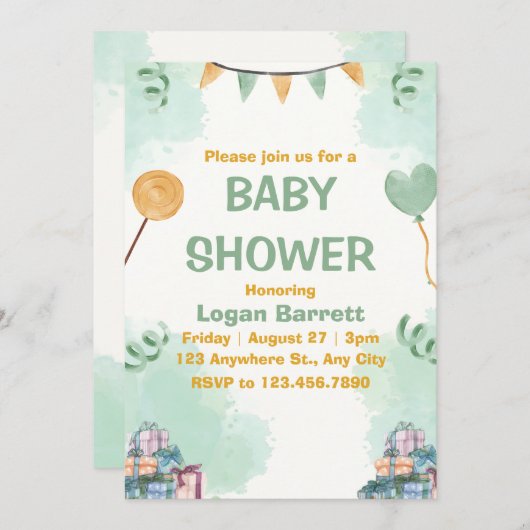 緑と黄色のイラストかわいい赤ちゃんシャワー 招待状 (正面/裏面)