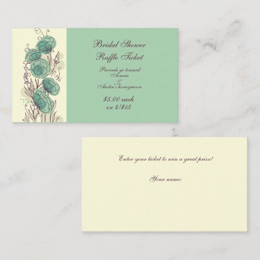 緑と黄色のブライダルシャワーラッフルチケット エンクロージャーカード (正面/裏面)