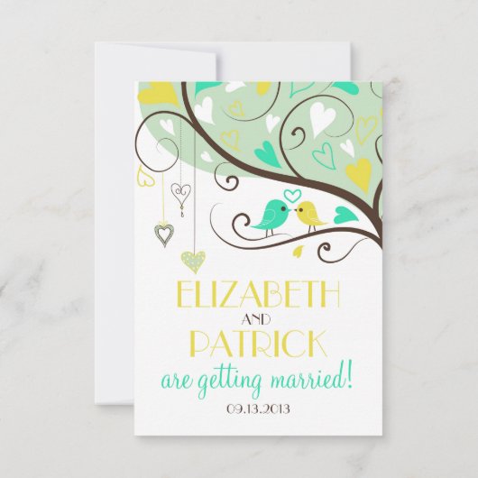 緑と黄色のロブバード結婚式のレセプションカード 招待状 (裏面)