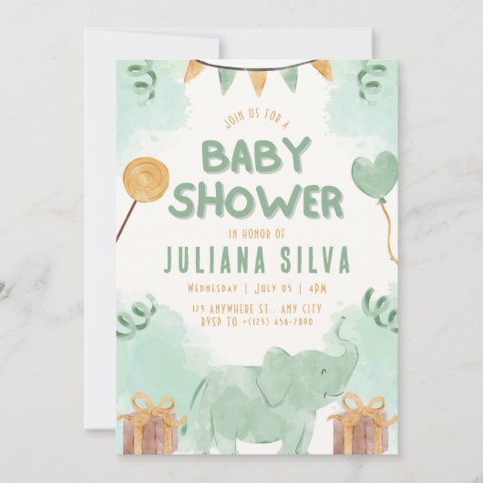 緑と黄色の例示象の赤ちゃんシャワー 招待状 (正面)
