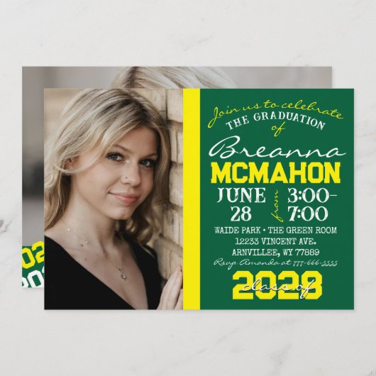 緑と黄色の卒業式2フォト招待状 招待状 (正面/裏面)