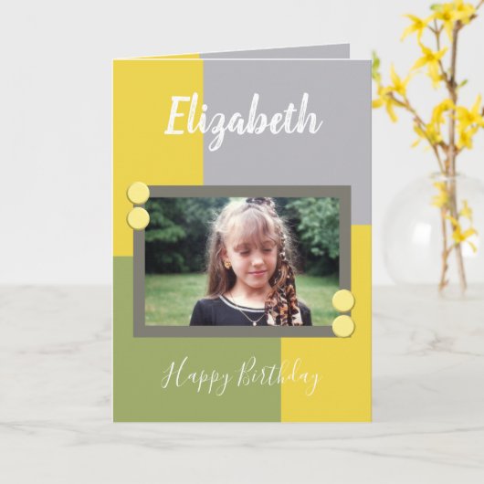 緑と黄色の名前と写真ハッピーバースデー カード (黄色い花)