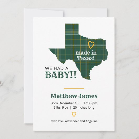 緑と黄色の格子模様が作られテキサス州縦写真 案内状 (正面)