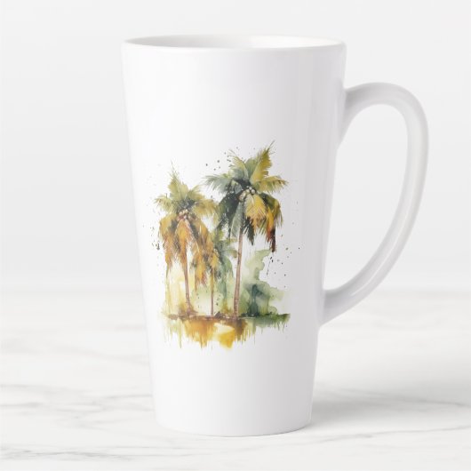 緑と黄色の水色の熱帯地方のヤシの木 カフェラテマグ (右)