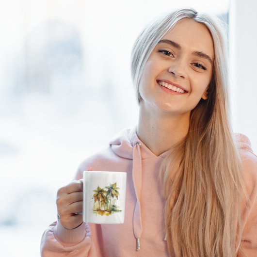 緑と黄色の水色の熱帯地方のヤシの木 コーヒーマグカップ