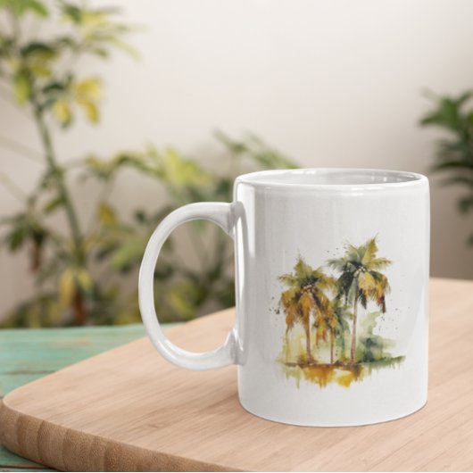 緑と黄色の水色の熱帯地方のヤシの木 コーヒーマグカップ