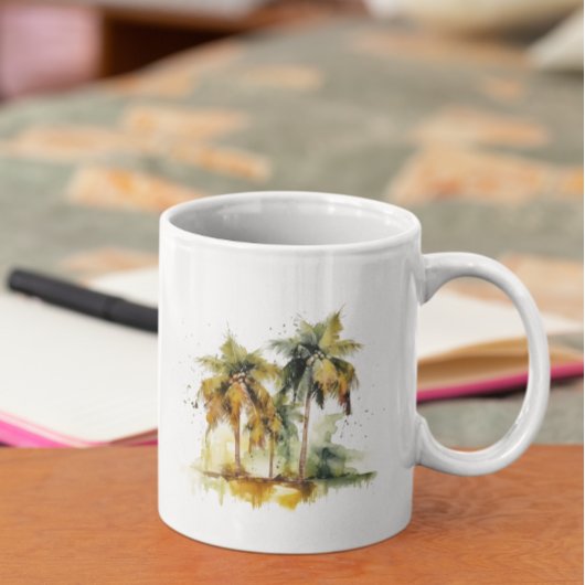 緑と黄色の水色の熱帯地方のヤシの木 コーヒーマグカップ