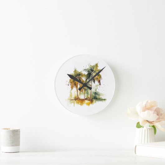 緑と黄色の水色の熱帯地方のヤシの木 ラウンド壁時計 (ホーム)
