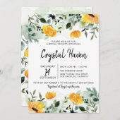 緑と黄色の秋フローラブライダルシャワー 招待状 (正面/裏面)
