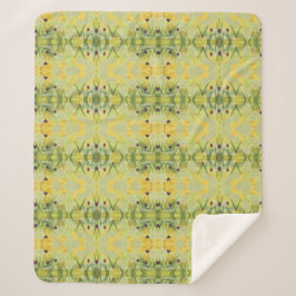 緑と黄色の花が咲く毛布 シェルパブランケット