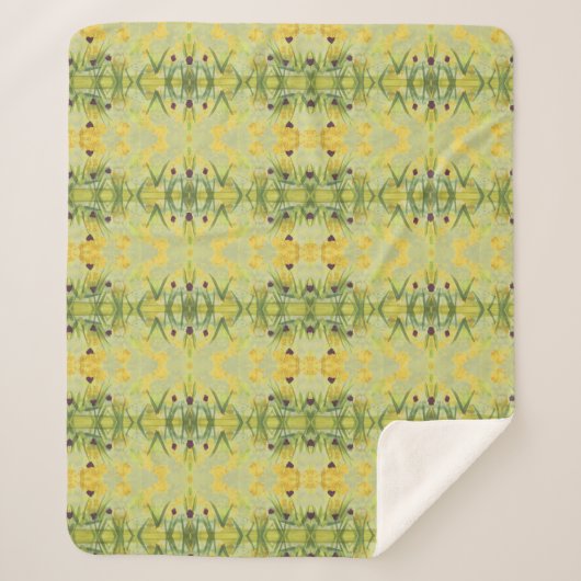 緑と黄色の花が咲く毛布 シェルパブランケット (正面)