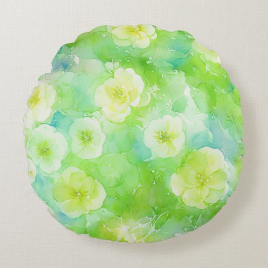 緑と黄色の軟水カラーフローラ枕 ラウンドクッション (正面)