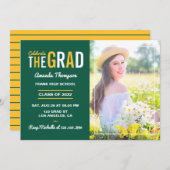 緑と黄色の金ゴールド卒業パーティーの写真 招待状 (正面/裏面)