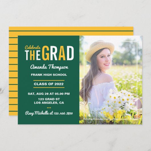 緑と黄色の金ゴールド卒業パーティーの写真 招待状 (正面/裏面)