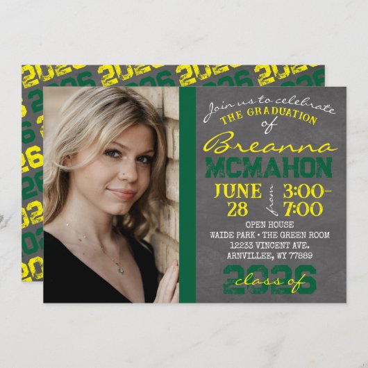 緑と黄色の黒板の卒業写真 招待状 (正面/裏面)
