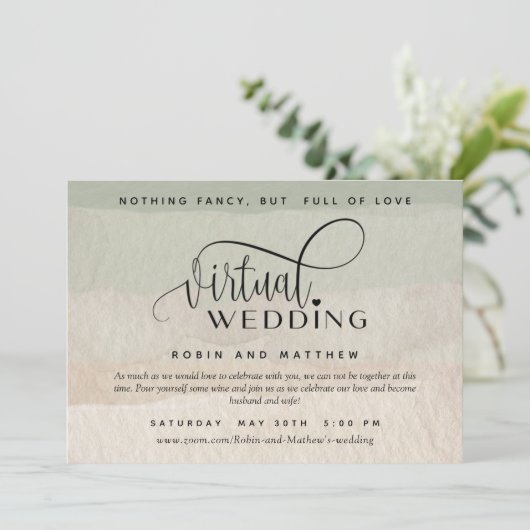 緑と黄褐色の水色、オンライン仮結婚想 招待状 (スタンド正面)