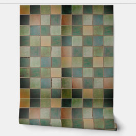 緑と黄褐色の無地タイル模様のビニール壁紙 壁紙