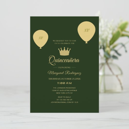 緑と黄金のクラシックシックエレガントクインセアニラ 招待状 (スタンド正面)