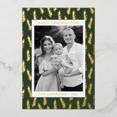 緑と黄金色の葉の写真感謝祭 箔シーズンカード (正面)