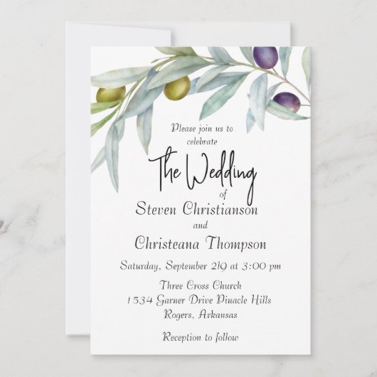 緑と黒のオリーブの枝の水色の写真 招待状 (正面)