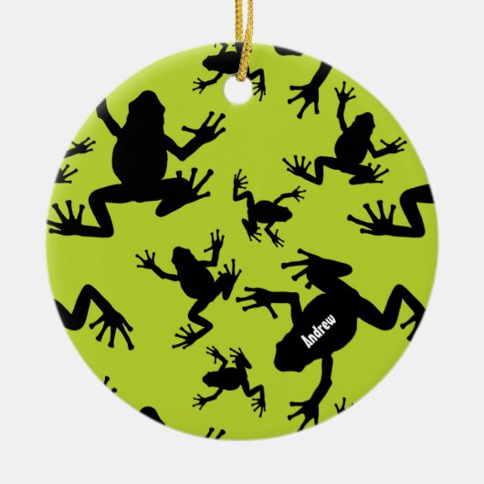 緑と黒のカエルのパターンの子供のクリスマス セラミックオーナメント (正面)