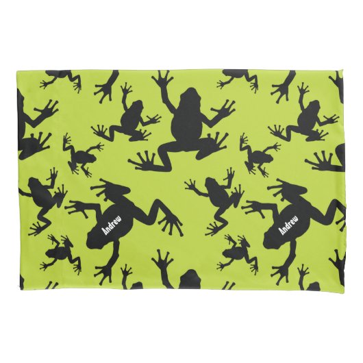 緑と黒のカエルのパターンの子供 枕カバー (正面)