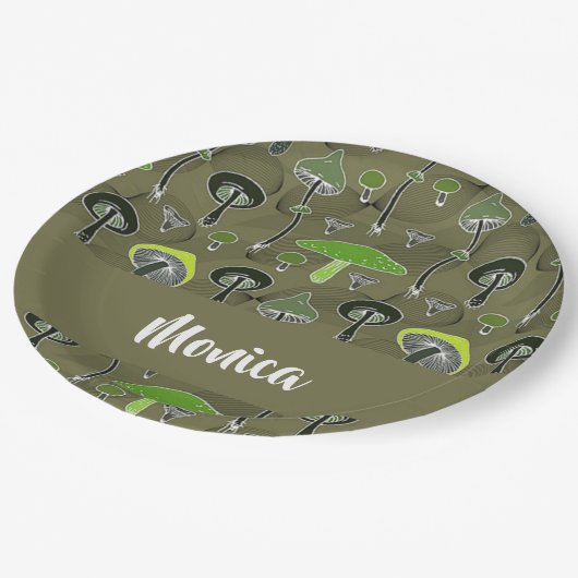 緑と黒のキノコ文様 ペーパープレート (アングル)